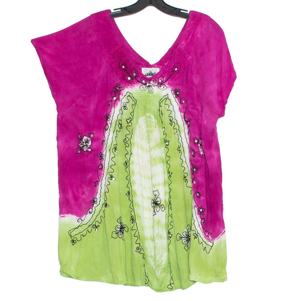 Vintage Metropolitan Top Gauze Embroidered Boho Festival Hippie Pink Green 1X